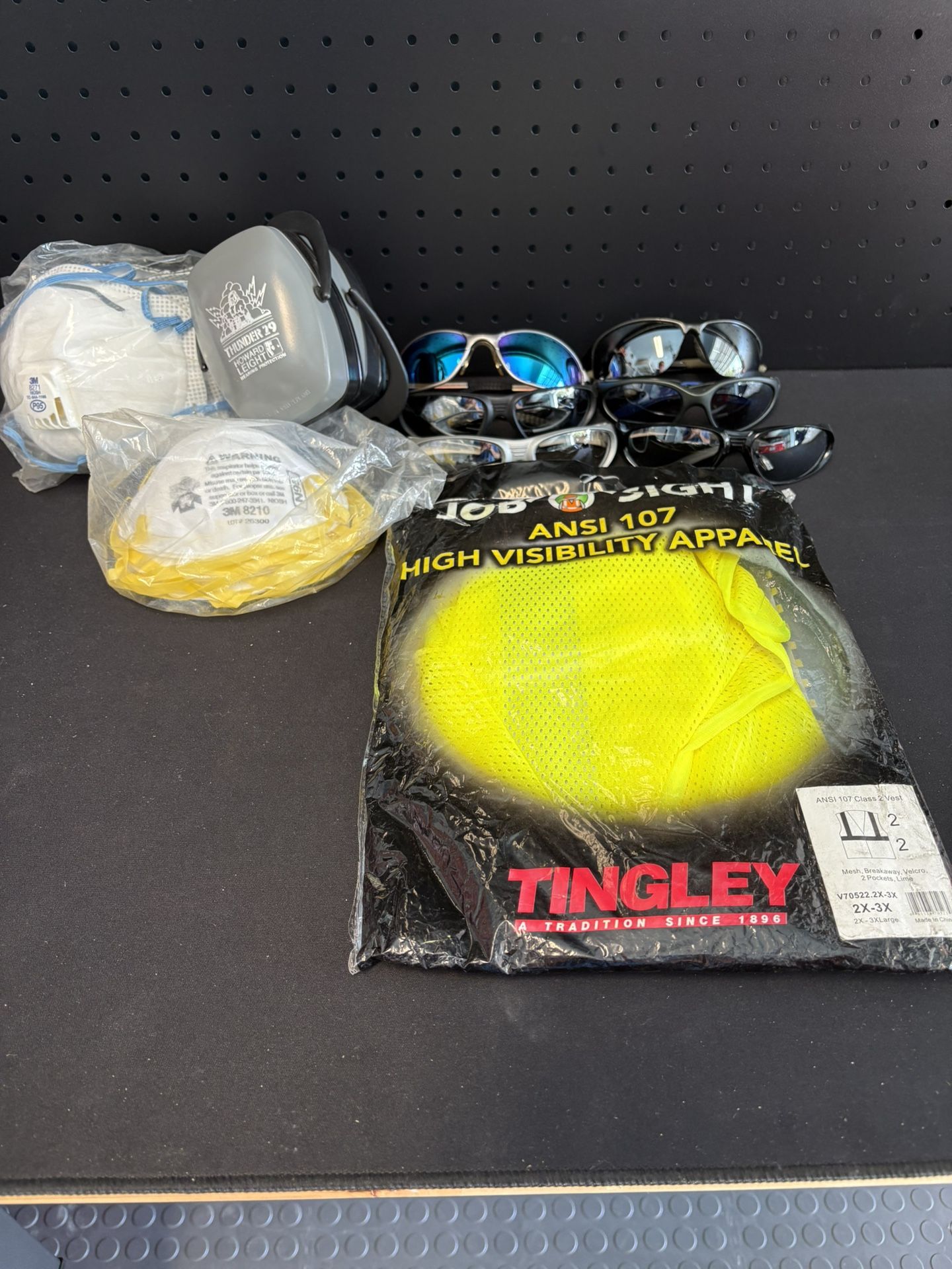 Safety Gear Package 6 Polarized Safety Glasses Ear Protection, Muffs, Breathing Masks, And Safety Vest