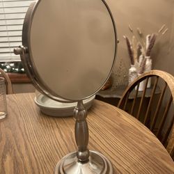 Brushed Nickel 2 Sided  Round 8" MakeUp Mirror & magnification 16" Tall