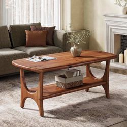 Solid Wood Coffee Table, 47.24" Rectangle Center Table With 2-Tier Storage