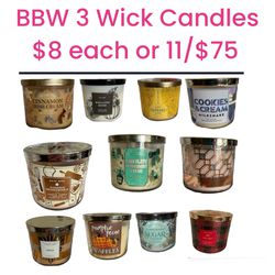 Bath & Body Works 3 Wick Candles New $8 Each 11/$75