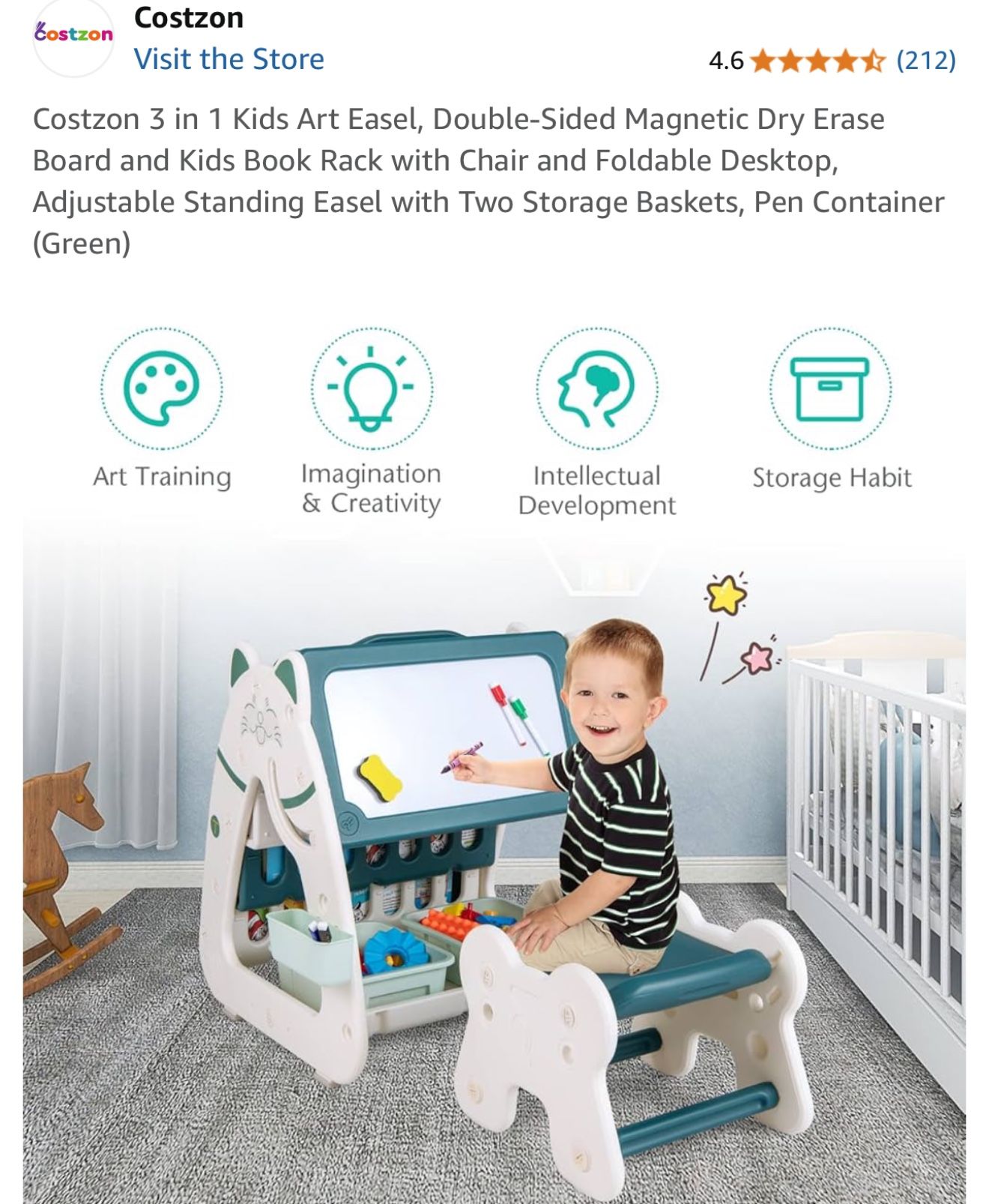 3 in 1 Kids Art Easel, Double-Sided Magnetic Dry Erase Board and Kids Book Rack with Chair