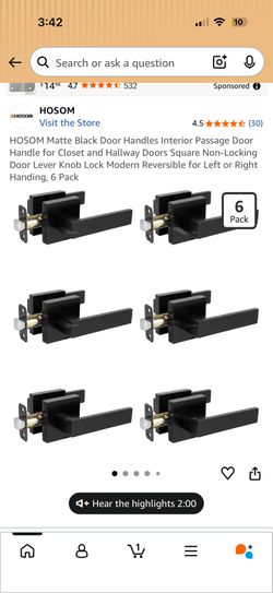 HOSOM Matte Black Square Passage Door Lever Handles 6 Pack