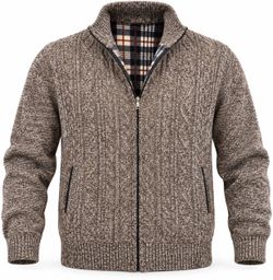 MsmSse Men’s XL Brown Gray Heathered Cable Knit Full Zip Sweater Jacket Fleece Lined
