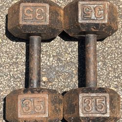 PAIR  OF  35 LB.  UNPAINTED  STEEL  HEX  DUMBBELLS