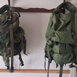 Lot of 2 US Military Field Packs: Large OD Green ALICE Pack and Woodland
