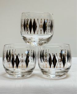 Vintage 1950-60s Federal Harlequin Black Diamond Roly Poly/lowball Cocktail Glasses Set/3