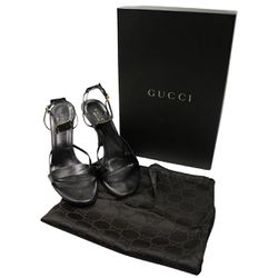 Gucci Strappy Sandals with G old Logo Plaque in Black Lea...