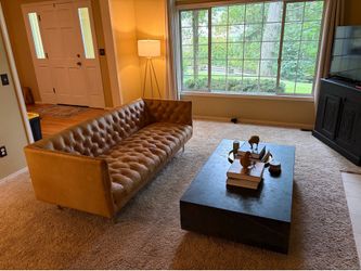 West Elm mid century tan leather couch