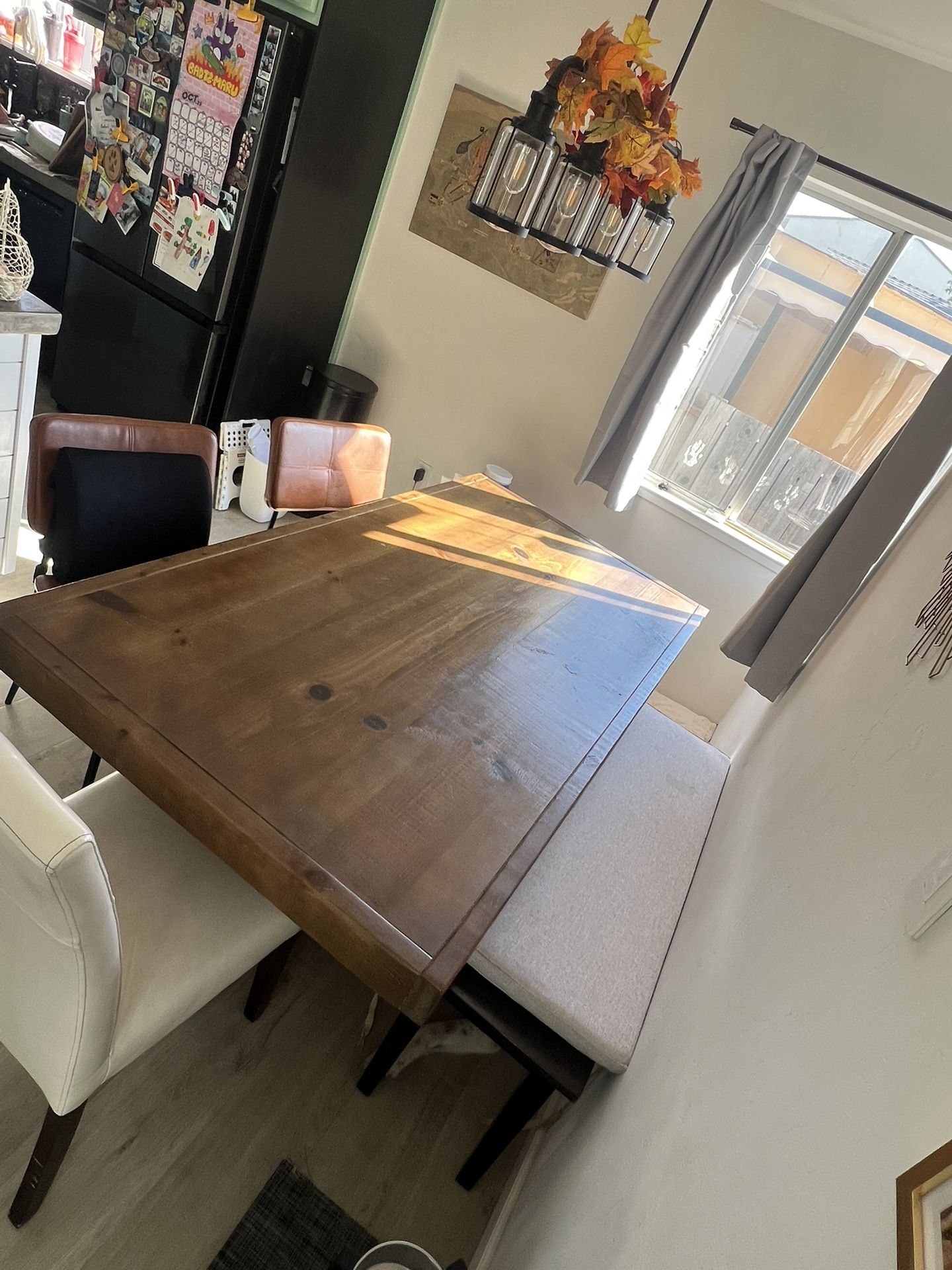 Wooden Dining Room Table w/ Wooden Bench And Cushion, Two Dining Room Chairs