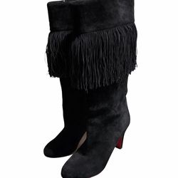 Christian Louboutin Black Suede Fringe Heeled Boots Red Sole EU 37.5 (US 7-7.5)