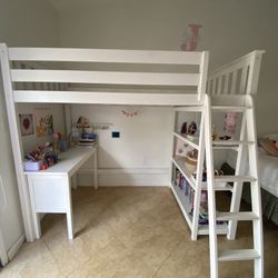 Max & Lily Loft Bed, Twin Bed Frame For Kids With Bookcase And Desk White 