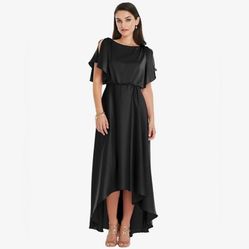 BLOUSON BODICE DEEP V-BACK HIGH LOW DRESS WITH FLUTTER SLEEVES IN BLACK