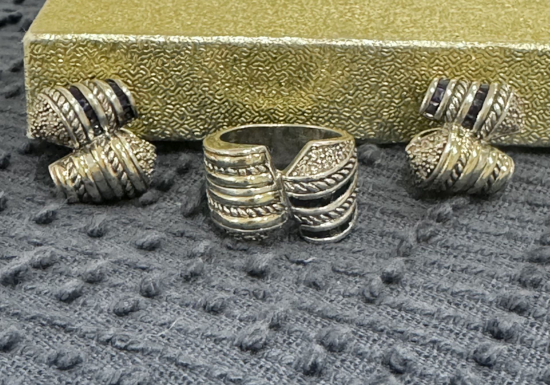 Set Ring and Earrings silver & gold plated /blue sapphire..Size 8