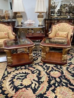 Pair of Ornate Empire Italian Wood Base with Ornate Gilded Leaf Glass Top End Tables🌷