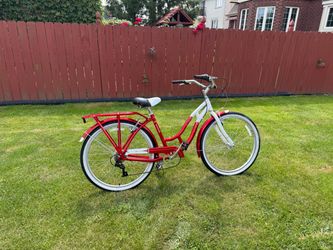 Red and White Cruiser Bike with Rear Rack