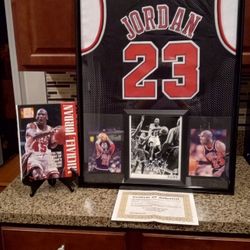MICHAEL JORDAN HOF BULLS, CUSTOM STITCHED FRAMED JERSEY SIGNED PICTURE AND COA WITH BOOK OF JORDAN.