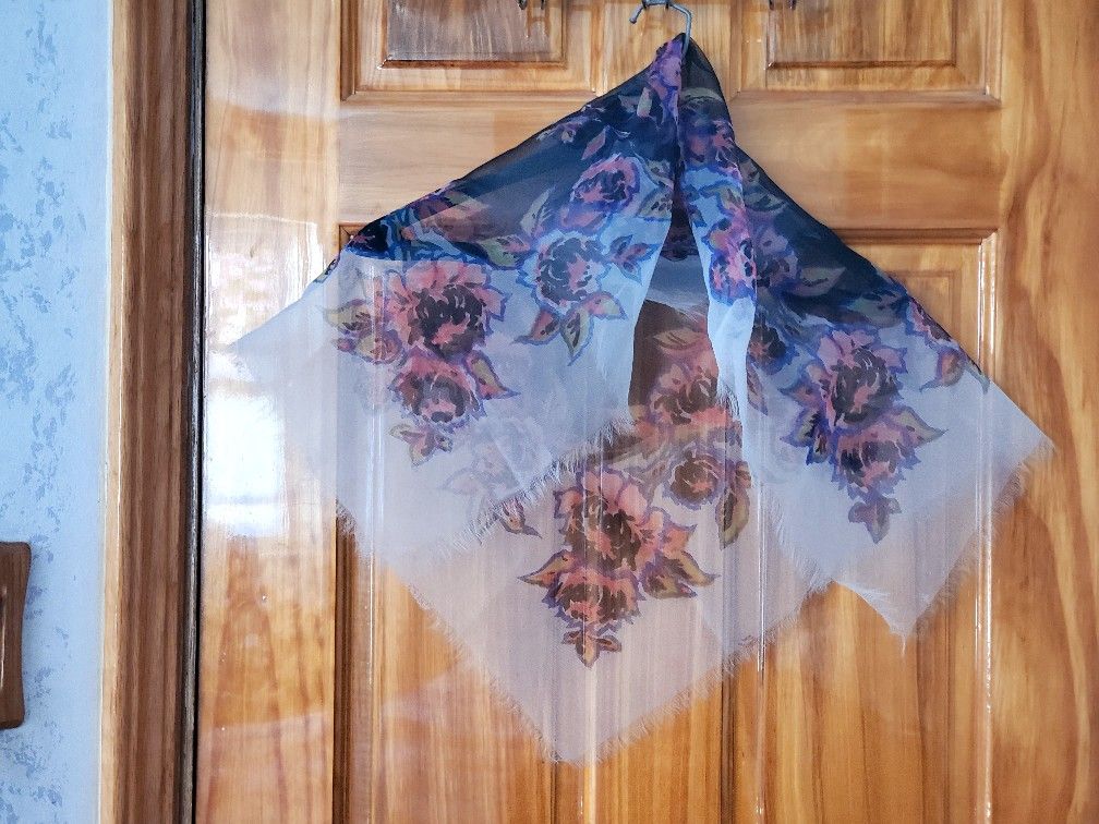 Vintage New 1950's European nylon scarf, solid navy blue in the middle, pretty red flowers on all sides and then soft grey with a little fringe on al