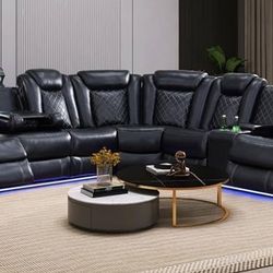 Black Leather Recliner Sectional Sofa Set