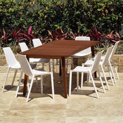 Brand New 9 Piece Rectangular Table With Stackable White Chairs Patio Dining Set | Ideal Furniture Set For Outdoor