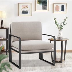  Modern Accent Chairs, Upholstered Living Room Chairs Linen Arm Chair Accent Chairs for Living Room with Metal Frame Light Khaki