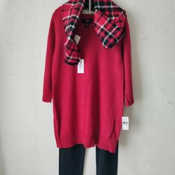 IZ Byer Girl 3pc Sweater Tunic / Legging Pant / Scarf Set Outfit Size XL (16) Red New