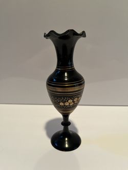 Hand-Crafted Black And Gold Engraved Brass Vase 6" Tall