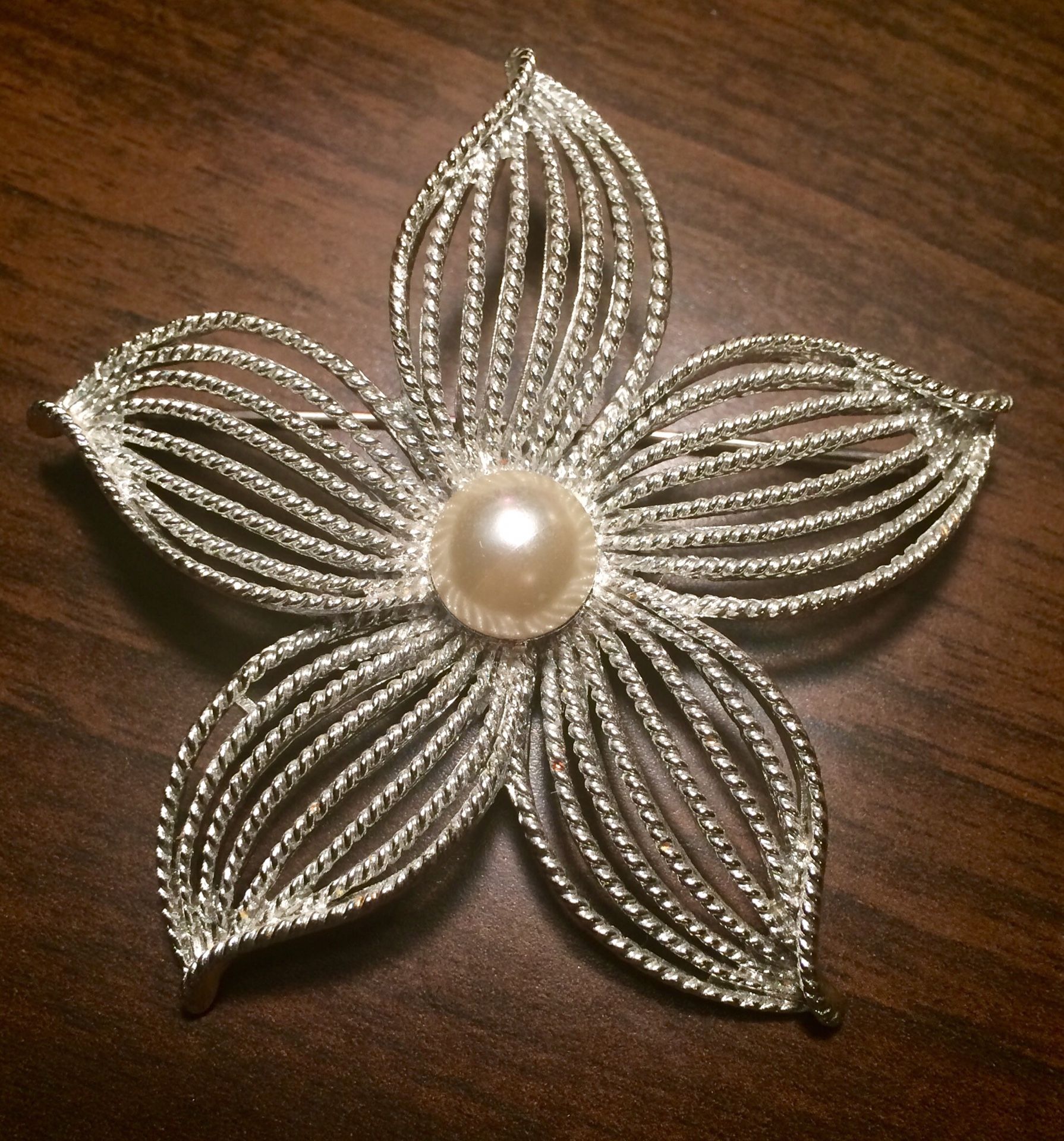 Stunning Large Silver Tone Moon Flower Pin from 1966 with Faux Pearl center