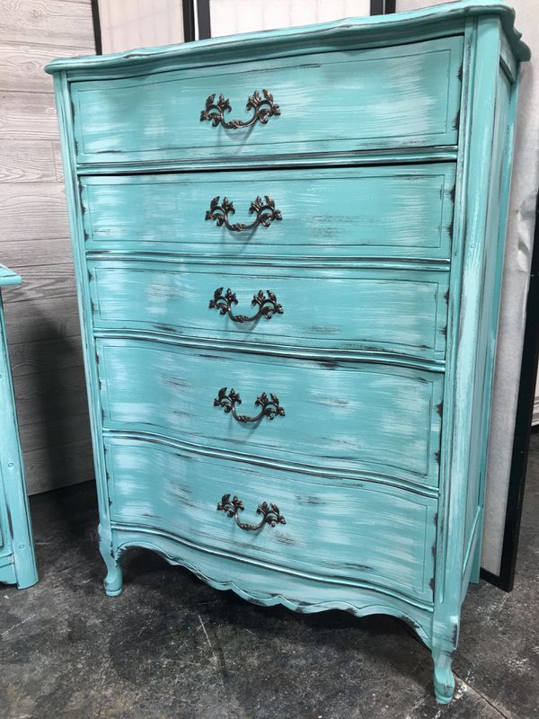 Sold Bassett Chest Tall Dresser Turquoise Shabby Chic Farmhouse