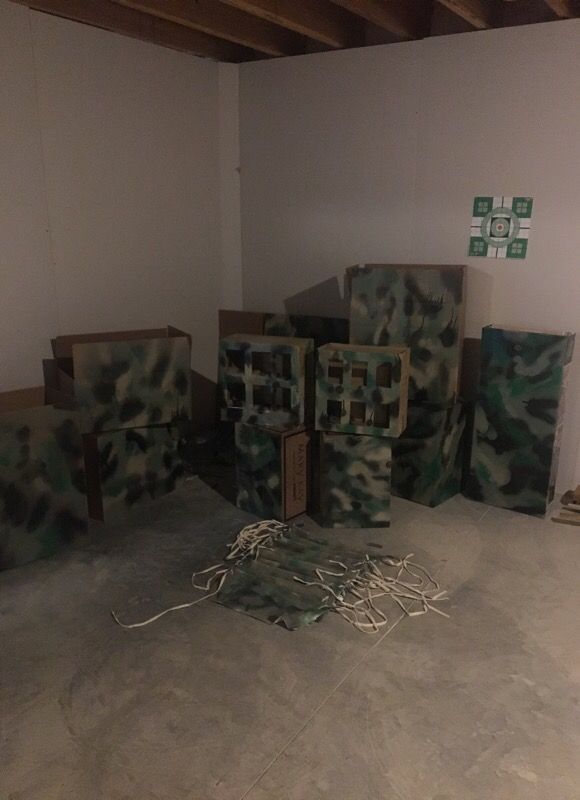 Camo painted Nerf gun barricades, nail/ammo pouches