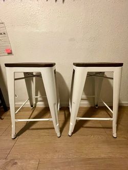 White Metal Bar Stools with Wood Seat – Set of 2