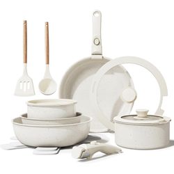 Bazova Ceramic Nonstick Cookware Set 17-Pieces Pots and Pans Set Cream White