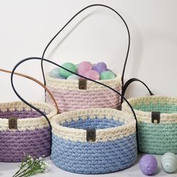 Hand Crocheted Pastel Colored Easter Baskets with Removable Handles for Multiuse