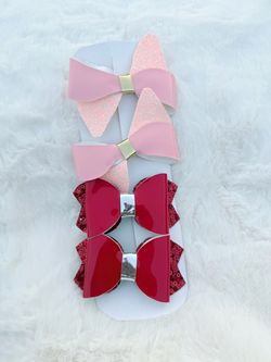 Girls Hair Bow Set of 4 Pink Red Glitter Boutique Hair Accessories