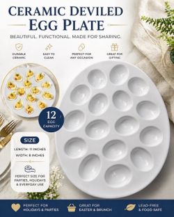 Ceramic Deviled Egg Plate 12-Slot White Serving Platter 12” Round Party Dish
