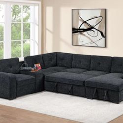 ✅️✅️4 pc black chenille fabric upholstered sectional sofa with USB pop up sleeper storage chaise✅️