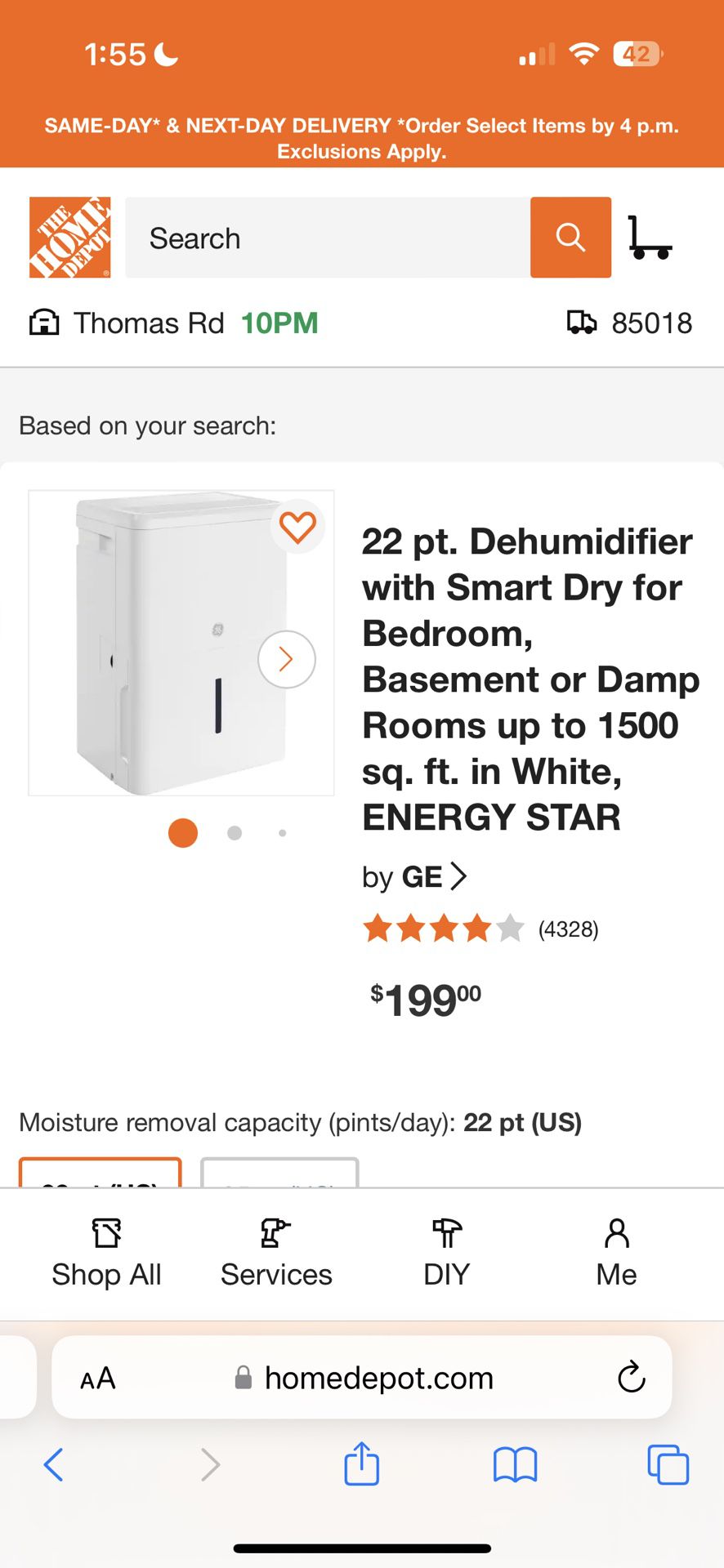 GE dehumidifier.  22 Pint, with hose option for continual drainage