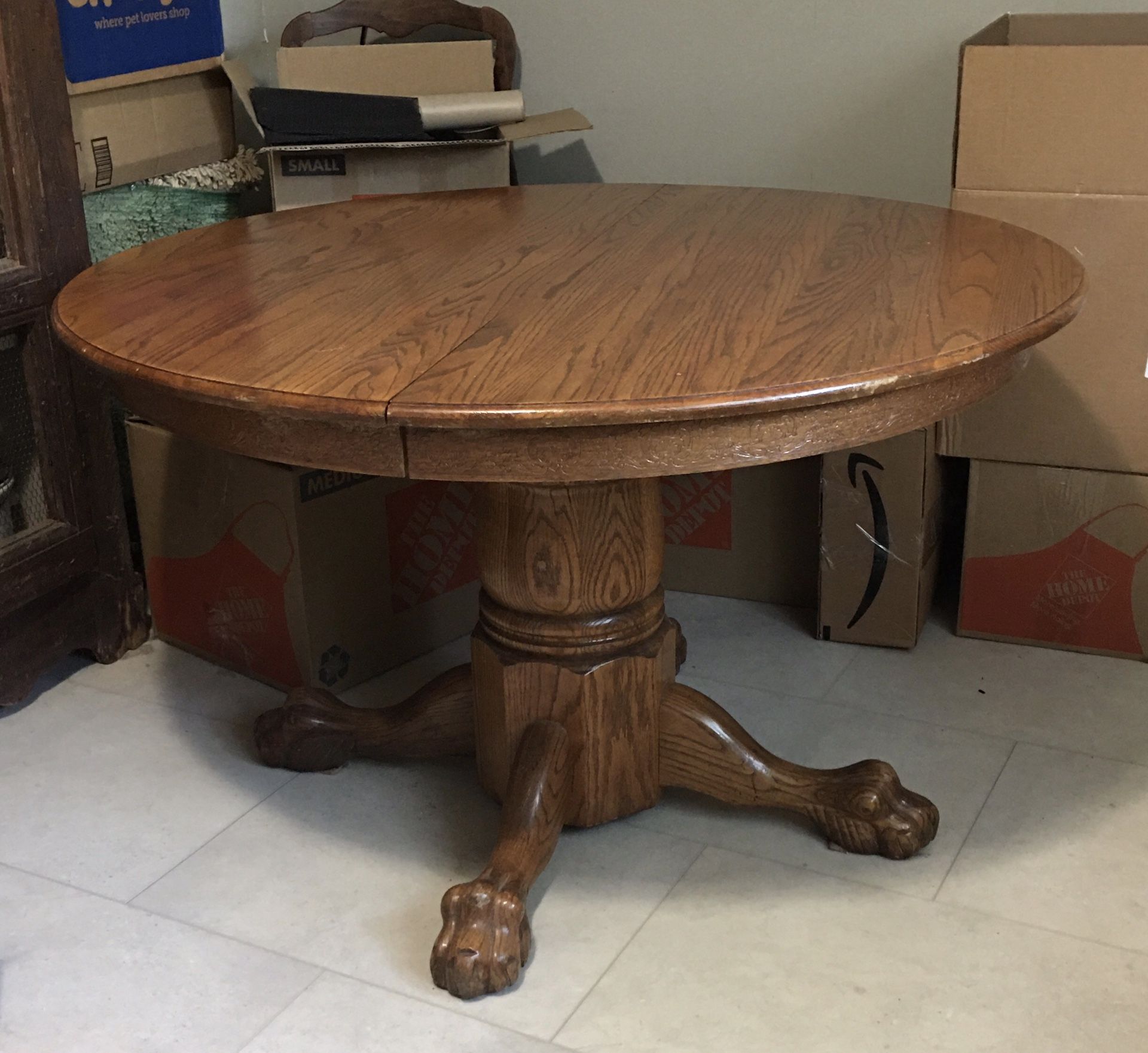 Antique Oak 48” Dining Table with Claw and Ball Feet, and leaf.