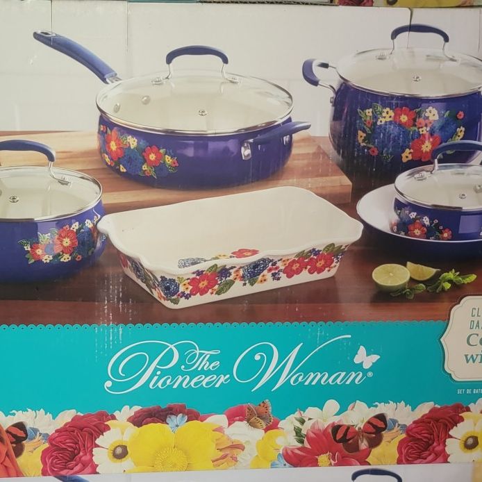 Pioneer Woman Dazzling Dahlias 17 Pc. Cookware Combo Set Ocean Teal, Cookware Sets, Household