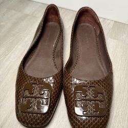 TORY BURCH Square-toe Shiny Snake Ballet Flats In Chocolate brown Sz 5.5M