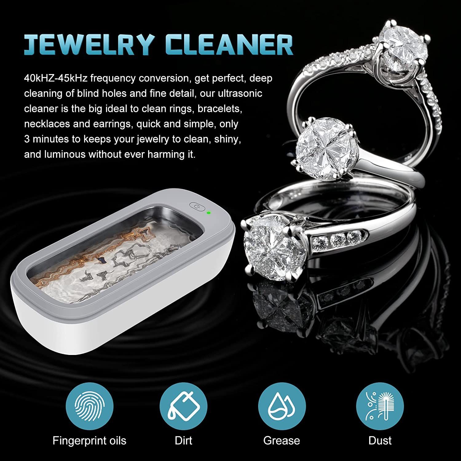 Jewelry Ultrasonic Cleaner for Gold Silver Ring Earring All Jewelry, Small Sonic Cleanser Machine for Eyeglass Watch Coin Retainer at-Home or Travel U