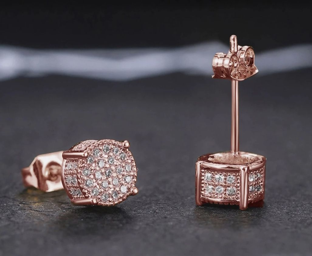 Iced Out Stud Earrings Rose Gold Plated With Cubic Zirconia Hip Hop Jewelry