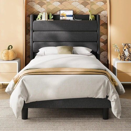 NEW Twin  Bed Frame With Headboard And Outlets