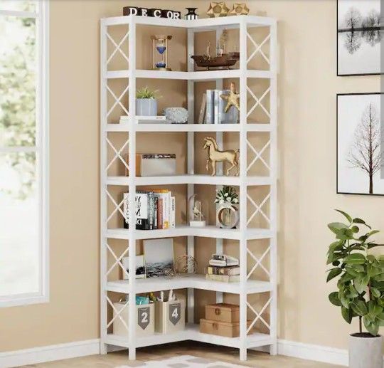 Sturdy 7 shelf book corner case, 2 baskets, decorative plant & 3 decorative wood squares