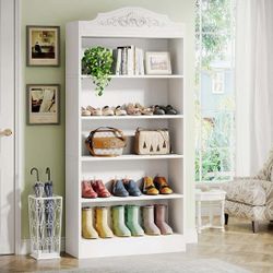 White Freestanding Shoe Cabinet, 72.8" Wood 5 Tiers Shoe Storage Rack