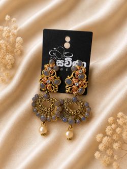 Gold Statement Earrings with Grey Stones & Pearl