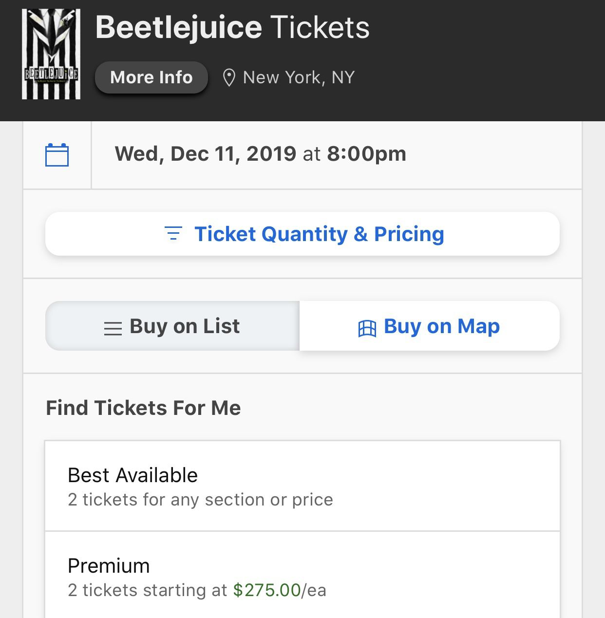 3 tickets beetlejuice broadway tonight