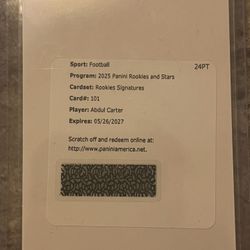 2025 Panini Rookies and Stars football trading card redemption for a Abdul Carter rookie signatures card. 