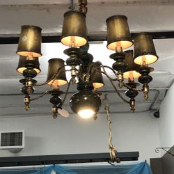 Gold , Green Metal And Porcelain Chandelier 