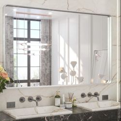 TETOTE 48 x 30 Inch Bathroom Vanity Mirror, Silver Framed Brushed Nickel Modern Farmhouse Decorative Rectangle Entryway Wall Mirror=Pal-9