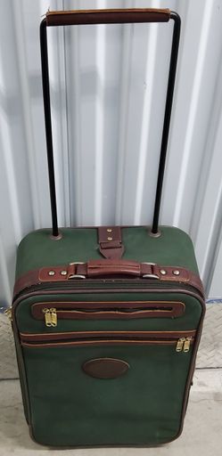 Vintage 23 Orvis Battenkill Green Canvas  Carry On w/ Brown Leather Trim Rolling / Wheeled Suitcase
